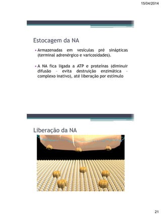 15/04/2014
21
Estocagem da NA
• Armazenadas em vesículas pré sinápticas
(terminal adrenérgico e varicosidades).
• A NA fica ligada a ATP e proteínas (diminuir
difusão – evita destruição enzimática –
complexo inativo), até liberação por estímulo
Liberação da NA
 