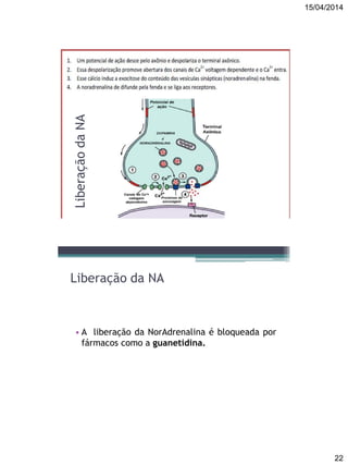 15/04/2014
22
LiberaçãodaNA
Liberação da NA
• A liberação da NorAdrenalina é bloqueada por
fármacos como a guanetidina.
 