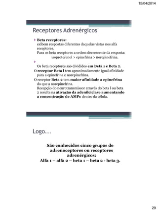 15/04/2014
29
Receptores Adrenérgicos
 Beta receptores:
exibem respostas diferentes daquelas vistas nos alfa
receptores.
Para os beta receptores a ordem decrescente da resposta:
isoproterenol > epinefrina > norepinefrina.

Os beta receptores são divididos em Beta 1 e Beta 2.
O receptor Beta l tem aproximadamente igual afinidade
para a epinefrina e norepinefrina.
O receptor Beta 2 tem maior afinidade a epinefrina
do que a norepinefrina.
Recepção do neurotransmissor através do beta l ou beta
2 resulta na ativação da adenilciclase aumentando
a concentração de AMPc dentro da célula.
Logo...
São conhecidos cinco grupos de
adrenoceptores ou receptores
adrenérgicos:
Alfa 1 – alfa 2 – beta 1 – beta 2 - beta 3.
 