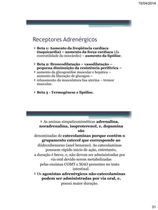 15/04/2014
31
Receptores Adrenérgicos
 Beta 1: Aumento da freqüência cardíaca
(taquicardia) – aumento da força cardíaca (da
contratilidade do miocárdio) – aumento da lipólise.
 Beta 2: Broncodilatação – vasodilatação –
pequena diminuição da resistência periférica –
 aumento da glicogenólise muscular e hepática –
aumento da liberação de glucagon –
 relaxamento da musculatura lisa uterina – tremor
muscular.
 Beta 3 - Termogênese e lipólise.
 As aminas simpaticomiméticas adrenalina,
noradrenalina, isoproterenol, e, dopamina
são
denominadas de catecolaminas porque contém o
grupamento catecol que corresponde ao
diidroxibenzeno (anel benzeno). As catecolaminas
possuem rápido inicio de ação, entretanto,
a duração é breve, e, não devem ser administradas por
via oral devido serem metabolizadas
pelas enzimas COMT e MAO presentes no trato
intestinal.
 Os agonistas adrenérgicos não-catecolaminas
podem ser administradas por via oral, e,
possui maior duração.
 