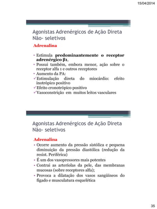 15/04/2014
35
Agonistas Adrenérgicos de Ação Direta
Não- seletivos
Adrenalina
• Estimula predominantemente o receptor
adrenérgico β1,
• Possui também, embora menor, ação sobre o
receptor alfa 1 e outros receptores
• Aumento da PA:
Estimulação direta do miocárdio: efeito
inotrópico positivo
Efeito cronotrópico positivo
Vasoconstrição em muitos leitos vasculares
Agonistas Adrenérgicos de Ação Direta
Não- seletivos
Adrenalina
• Ocorre aumento da pressão sistólica e pequena
diminuição da pressão diastólica (redução da
resist. Periférica)
• É um dos vasopressores mais potentes
• Contrai as arteríolas da pele, das membranas
mucosas (sobre receptores alfa);
• Provoca a dilatação dos vasos sangüíneos do
fígado e musculatura esquelética
 