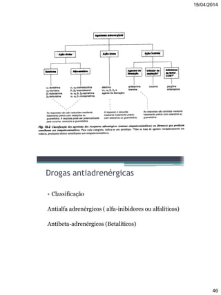 15/04/2014
46
Drogas antiadrenérgicas
• Classificação
Antialfa adrenérgicos ( alfa-inibidores ou alfalíticos)
Antibeta-adrenérgicos (Betalíticos)
 