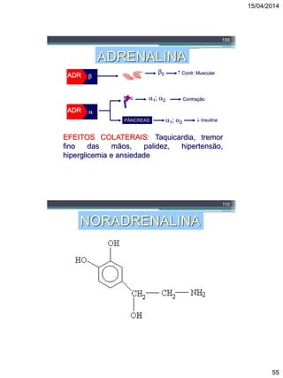 15/04/2014
55
109
ADRENALINA

ADR
ADR
2 Broncodilatação
1  FC e Contração
USOS: Asma (Tratamento de Emergência)
Choque Anafilático
Parada Cardíaca

ADR
ADR

1; 2
2  Contr. Muscular
Contração
PÂNCREAS 1; 2  Insulina
EFEITOS COLATERAIS: Taquicardia, tremor
fino das mãos, palidez, hipertensão,
hiperglicemia e ansiedade
110
NORADRENALINA
 