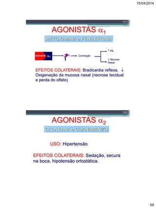 15/04/2014
59
117
AGONISTAS 1
METOXAMINA e FENILEFRINA
AGONISTA 1
USOS: Estados Hipotensivos
(Metoxamina)
Descongestionante Nasal
(Fenilefrina)
EFEITOS COLATERAIS: Bradicardia reflexa, 
Oxigenação da mucosa nasal (necrose tecidual
e perda do olfato)
Contração
 PA
 Mucosa
Nasal
118
AGONISTAS 2
CLONIDINA e GUANABENZO
AGONISTA 2
Pós
AGONISTA 2
Pré
 PA (prolongada) [NA]
2
Ca2+
X
NA
NA
Contração  PA (agudo)
 Atividade
Simpática  PA (prolongada)
EFEITOS COLATERAIS: Sedação, secura
na boca, hipotensão ortostática.
USO: Hipertensão
 