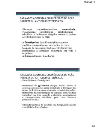 15/04/2014
80
FÁRMACOS AGONISTAS COLINÉRGICOS DE AÇÃO
INDIRETA OU ANTICOLINESTERÁSICOS
• Fármacos anticolinesterásicos reversíveis:
Fisostigmina – neostigmina – piridostigmina –
edrofônio – inibidores dirigidos contra a enzima
acetilcolinesterase no SNC.
• A fisostigmina (Antilirium) (Enterotonus),
• alcalóide que consiste em uma amina terciária,
• bloqueia de modo reversível a acetilcolinesterase
• potencializa a atividade colinérgica em todo o
organismo
• A duração de ação : 2 a 4 horas.
FÁRMACOS AGONISTAS COLINÉRGICOS DE AÇÃO
INDIRETA OU ANTICOLINESTERÁSICOS
• Usos clínicos da fisostigmina:
• tratamento do glaucoma porque produz miose, e,
contração do músculo ciliar permitindo a drenagem dos
canais de Schlemm, o que diminui a pressão intraocular,
• tratamento da superdosagem de fármacos com atividade
anticolinérgica (por exemplo, a atropina, fenotiazínicos,
e antidepressivos tricíclicos, pois, estes fármacos
penetram no SNC
• Utilizada na atonia do intestino e da bexiga, aumentando
a motilidade destes órgãos.
 