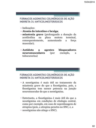 15/04/2014
82
FÁRMACOS AGONISTAS COLINÉRGICOS DE AÇÃO
INDIRETA OU ANTICOLINESTERÁSICOS
• Indicações:
• Atonia do intestino e bexiga;
• miastenia grave (prolongando a duração da
acetilcolina na placa motora terminal,
consequentemente, aumentando a força
muscular);
• Antídoto a agentes bloqueadores
neuromusculares (por exemplo, a
tubocurarina)
FÁRMACOS AGONISTAS COLINÉRGICOS DE AÇÃO
INDIRETA OU ANTICOLINESTERÁSICOS
• A neostigmina é mais útil no tratamento da
miastenia grave do que a fisostigmina, pois, a
fisostigmina tem menor potencia na junção
neuromuscular do que a neostigmina.
• Entretanto, a fisostigmina é mais útil do que a
neostigmina em condições de etiologia central,
como por exemplo, em caso de superdosagem de
atropina (pois, a atropina penetra no SNC, e, a
• neostigmina não atinge o SNC).
 
