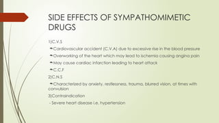 SIDE EFFECTS OF SYMPATHOMIMETIC
DRUGS
1)C.V.S
Cardiovascular accident (C.V.A) due to excessive rise in the blood pressure
Overworking of the heart which may lead to ischemia causing angina pain
May cause cardiac infarction leading to heart attack
C.C.F
2)C.N.S
Characterized by anxiety, restlessness, trauma, blurred vision, at times with
convulsion
3)Contraindication
- Severe heart disease i.e. hypertension
 