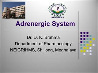 Adrenergic System 
Dr. D. K. Brahma 
Department of Pharmacology 
NEIGRIHMS, Shillong, Meghalaya 
 