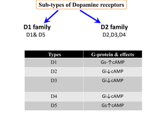 Sub-types of Dopamine receptors
Types G-protein & effects
D1 Gs-↑cAMP
D2 Gi↓cAMP
D3 Gi↓cAMP
D4 Gi↓cAMP
D5 Gs↑cAMP
D1 family
D1& D5
D2 family
D2,D3,D4
 