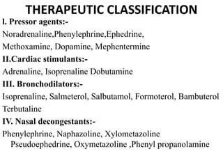 THERAPEUTIC CLASSIFICATION
l. Pressor agents:-
Noradrenaline,Phenylephrine,Ephedrine,
Methoxamine, Dopamine, Mephentermine
II.Cardiac stimulants:-
Adrenaline, Isoprenaline Dobutamine
III. Bronchodilators:-
Isoprenaline, Salmeterol, Salbutamol, Formoterol, Bambuterol
Terbutaline
IV. Nasal decongestants:-
Phenylephrine, Naphazoline, Xylometazoline
Pseudoephedrine, Oxymetazoline ,Phenyl propanolamine
 