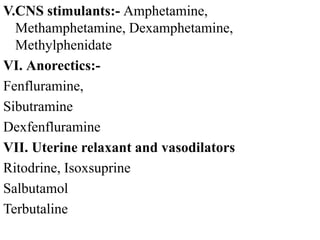 V.CNS stimulants:- Amphetamine,
Methamphetamine, Dexamphetamine,
Methylphenidate
VI. Anorectics:-
Fenfluramine,
Sibutramine
Dexfenfluramine
VII. Uterine relaxant and vasodilators
Ritodrine, Isoxsuprine
Salbutamol
Terbutaline
 