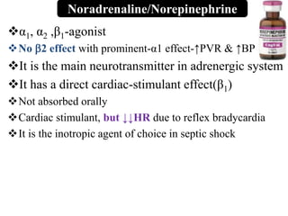 α1, α2 ,β1-agonist
No 2 effect with prominent-α1 effect-↑PVR & ↑BP
It is the main neurotransmitter in adrenergic system
It has a direct cardiac-stimulant effect(β1)
Not absorbed orally
Cardiac stimulant, but ↓↓HR due to reflex bradycardia
It is the inotropic agent of choice in septic shock
Noradrenaline/Norepinephrine
 