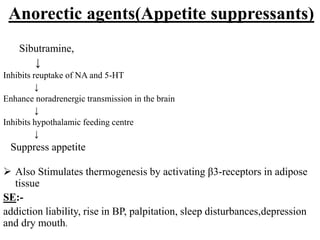 Anorectic agents(Appetite suppressants)
Sibutramine,
↓
Inhibits reuptake of NA and 5-HT
↓
Enhance noradrenergic transmission in the brain
↓
Inhibits hypothalamic feeding centre
↓
Suppress appetite
 Also Stimulates thermogenesis by activating β3-receptors in adipose
tissue
SE:-
addiction liability, rise in BP, palpitation, sleep disturbances,depression
and dry mouth.
 