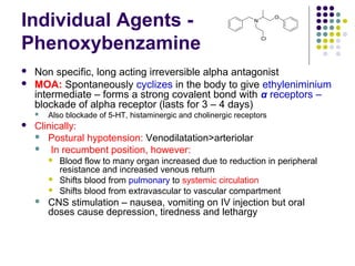 Individual Agents -
Phenoxybenzamine
 Non specific, long acting irreversible alpha antagonist
 MOA: Spontaneously cyclizes in the body to give ethyleniminium
intermediate – forms a strong covalent bond with α receptors –
blockade of alpha receptor (lasts for 3 – 4 days)
 Also blockade of 5-HT, histaminergic and cholinergic receptors
 Clinically:
 Postural hypotension: Venodilatation>arteriolar
 In recumbent position, however:
 Blood flow to many organ increased due to reduction in peripheral
resistance and increased venous return
 Shifts blood from pulmonary to systemic circulation
 Shifts blood from extravascular to vascular compartment
 CNS stimulation – nausea, vomiting on IV injection but oral
doses cause depression, tiredness and lethargy
 