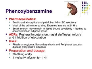 Phenoxybenzamine
 Pharmacokinetics:
 Erratic oral absorption and painful on IM or SC injections
 Most of the administered drug Excretes in urine in 24 Hrs
 Small amount may remain in tissue bound covalently – leading to
accumulation in adipose tissue
 ADRs: Postural hypotension, nasal stuffiness, miosis
and inhibition of ejaculation
 Uses:
 Phechromocytoma, Secondary shock and Peripheral vascular
disease (Raynaud`s disease)
 Preparation and dosage:
 20-60 mg orally
 1 mg/kg IV infusion for 1 Hr.
 