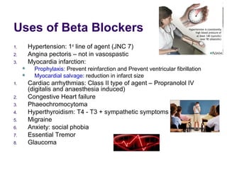 Uses of Beta Blockers
1. Hypertension: 1st
line of agent (JNC 7)
2. Angina pectoris – not in vasospastic
3. Myocardia infarction:
 Prophylaxis: Prevent reinfarction and Prevent ventricular fibrillation
 Myocardial salvage: reduction in infarct size
1. Cardiac arrhythmias: Class II type of agent – Propranolol IV
(digitalis and anaesthesia induced)
2. Congestive Heart failure
3. Phaeochromocytoma
4. Hyperthyroidism: T4 - T3 + sympathetic symptoms
5. Migraine
6. Anxiety: social phobia
7. Essential Tremor
8. Glaucoma
 