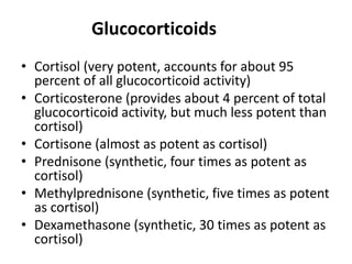 Glucocorticoids
• Cortisol (very potent, accounts for about 95
percent of all glucocorticoid activity)
• Corticosterone (provides about 4 percent of total
glucocorticoid activity, but much less potent than
cortisol)
• Cortisone (almost as potent as cortisol)
• Prednisone (synthetic, four times as potent as
cortisol)
• Methylprednisone (synthetic, five times as potent
as cortisol)
• Dexamethasone (synthetic, 30 times as potent as
cortisol)
 