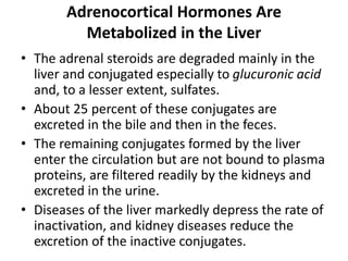 Adrenocortical Hormones Are
Metabolized in the Liver
• The adrenal steroids are degraded mainly in the
liver and conjugated especially to glucuronic acid
and, to a lesser extent, sulfates.
• About 25 percent of these conjugates are
excreted in the bile and then in the feces.
• The remaining conjugates formed by the liver
enter the circulation but are not bound to plasma
proteins, are filtered readily by the kidneys and
excreted in the urine.
• Diseases of the liver markedly depress the rate of
inactivation, and kidney diseases reduce the
excretion of the inactive conjugates.
 