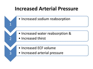 Increased Arterial Pressure
1
• Increased sodium reabsorption
2
• Increased water reabsorption &
• Increased thirst
3
• Increased ECF volume
• Increased arterial pressure
 