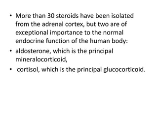 • More than 30 steroids have been isolated
from the adrenal cortex, but two are of
exceptional importance to the normal
endocrine function of the human body:
• aldosterone, which is the principal
mineralocorticoid,
• cortisol, which is the principal glucocorticoid.
 