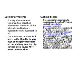 Cushing’s syndrome
• Primary due to adrenal
tumor cortisol-secreting
adenoma in the cortex of the
adrenal gland (primary
hypercortisolism/hypercorticis
m).
• The adenoma causes cortisol
levels in the blood to be very
high, and negative feedback
on the pituitary from the high
cortisol levels causes ACTH
levels to be very low.
Cushing disease
• hypercortisolism secondary to
excess production of ACTH from a
corticotroph pituitary
adenoma (secondary
hypercortisolism/hypercorticism)
or due to excess production of
hypothalamus CRH (Corticotropin
releasing hormone) (tertiary
hypercortisolism/hypercorticism).
This causes the blood ACTH levels
to be elevated along with cortisol
from the adrenal gland. The ACTH
levels remain high because the
tumor is unresponsive to negative
feedback from high cortisol levels.
 