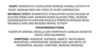 HEART: SYMPATHETIC STIMULATION INCREASE OVERALL ACTIVITY OF
HEART, INCREASE RATE ANF FORCE OF HEART CONTRACTION
METABOLIC EFFECT: SYMPATHETIC STIMULATION CAUSES RELEASE OF
GLUCOSE FROM LIVER, INCREASE BLOOD GLUCOSE CONC, INCREASE
GLYCOGENOLYSIS IN LIVER AND MUSCLES STRENGTH,INCREASE BASAL
METABOLIC RATE AND INCREASE MENTAL ACTIVITY
PHEOCHROMOCYTOMA
TUMOR OF ADRENAL MEDULLA (OR SYMPATHETIC GANGLIA) SECRETED
EXCESS CATECHOLAMINES
SYMPTOMS: HEADACHE, DIZZINESS, ANXIETY, TACHYCARDIA,
PALPITATION, HYPERTENSION, INCREASE RATE AND DEPTH OF
RESPIRATION, NAUSEA, VOMITING, INCREASE SWEATING
 