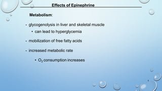 Effects of Epinephrine
Metabolism:
- glycogenolysis in liver and skeletal muscle
• can lead to hyperglycemia
- mobilization of free fatty acids
- increased metabolic rate
• O2 consumption increases
9
 