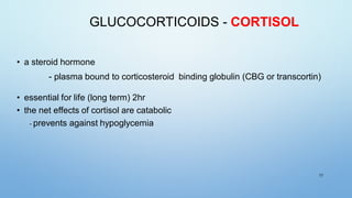 GLUCOCORTICOIDS - CORTISOL
• a steroid hormone
- plasma bound to corticosteroid binding globulin (CBG or transcortin)
• essential for life (long term) 2hr
• the net effects of cortisol are catabolic
- prevents against hypoglycemia
17
 