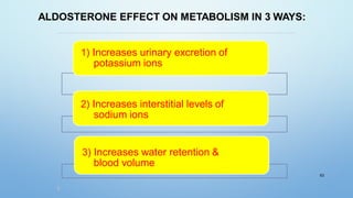 ALDOSTERONE EFFECT ON METABOLISM IN 3 WAYS:
1) Increases urinary excretion of
potassium ions
2) Increases interstitial levels of
sodium ions
3) Increases water retention &
blood volume
63
 