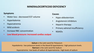 MINERALOCORTICOID DEFICIENCY
Symptoms
• Water loss : decreased ECF volume
• Hyperkalemia
• Hyponatremia
• Mild acidosis
• Increase RBC concentration
• Low blood pressure: increased cardiac output
66
Kalium is the Latin word for Potassium
Hypokalemia : low potassium levels in the blood & hyperkalemia : high potassium levels.
Natrium is the Latin word for Sodium
Hyponatremia : low levels of sodium & hypernatremia : high levels of sodium
Causes
• Hypo-aldosternism
• Angiotensin inhibitors
• Heparin therapy
• Primary adrenal insufficiency
• NSAIDs
 