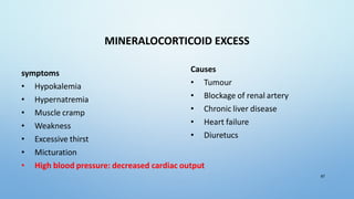 MINERALOCORTICOID EXCESS
67
symptoms
• Hypokalemia
• Hypernatremia
• Muscle cramp
• Weakness
• Excessive thirst
• Micturation
• High blood pressure: decreased cardiac output
Causes
• Tumour
• Blockage of renal artery
• Chronic liver disease
• Heart failure
• Diuretucs
 