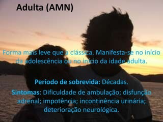 Adulta (AMN)Forma mais leve que a clássica. Manifesta-se no início da adolescência ou no início da idade adulta.Período de sobrevida: Décadas.Sintomas: Dificuldade de ambulação; disfunção adrenal; impotência; incontinência urinária; deterioração neurológica.