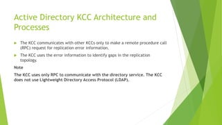 Active Directory KCC Architecture and
Processes
 The KCC communicates with other KCCs only to make a remote procedure call
(RPC) request for replication error information.
 The KCC uses the error information to identify gaps in the replication
topology.
Note
The KCC uses only RPC to communicate with the directory service. The KCC
does not use Lightweight Directory Access Protocol (LDAP).
 