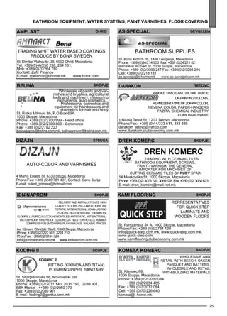 darakom teto vo 
Whole trade and retail trade 
of painting colors, 
rep rese ntative of Zorka color, 
Neve na color, pape r-hange rs 
Fazita, chem ical industry 
Elan hardw are 
skopje 
1 Nikola Tesla St. 1200 Tetovo, Macedonia 
Phone/Fax: +389 (0)44/333 611, 333 388 
darakom_tetovo@yahoo.com 
www.darakom.clubeconomy.com.mk 
for QUI CK STEP 
laminate and 
woode n fl oors 
kometa komerc SKOPJE 
25 
bat hroom equipment , water systems , Paint varn ishes , floor co ver ing 
AMPLAST Ohrid 
Trading whit water based coatings 
produce by BONA SWEDEN 
St. Dimitar Vlahov br. 35, 6000 Ohrid, Macedonia 
Tel: +389(0)46/250 238, 264 101, 
Mob: +389(0)70/264 789 
Kontakt: Zafir Petanov 
E-mail: zpetanov@t-home.mk www.bona.com 
BELINA skopje 
Wholesale of paints and var-nishes 
and brushes, agricultural 
tools and machinery, measuring 
instruments, auto cosmetics... 
Professional cosmetics and 
equipment for hairdressers and 
cosmetics for hair and body 
DIZAJN Struga 
Auto-color and varnishes 
4 Marks Engels St. 6330 Struga, Macedonia 
Phone/Fax: +389 (0)46/781 407, Contact: Cane Surija 
E-mail: bulent_primera@hotmail.com 
ID NINAPROM Skopje 
Del ive ry and install ation of high 
quality fl oors, PVC LINO fl oors, an-tistatic, 
antibacterial, long-lasting 
fl oors. High res istant Thermo fix 
fl oors, luxurious look. HEUGA tiles , antistatic, antibacterial, 
waterproof, firep roof...Luxurious tiles for hotels , rubbe r 
comp ress for outdoors, pl ayg rounds , walking traces . 
Av. Kliment Ohridski 20a/6, 1000 Skopje, Macedonia 
Phone: +389(0)2/3222 501, 3224 210 
Phon/Fax: +389(0)2/3134 324 
info@idninaprom.com.mk www.idninaprom.com.mk 
KODI NG ii Skopje 
Fitting (Kikinda and Titan) 
pl umb ing pipes , sanitary 
St. Sharplaninska bb, Novoselski pat 
1000 Skopje, Macedonia 
Phone: +389 (0)2/2031 140, 2031 190, 2039 901, 
BBK Market - ++389 (0)2/2050 370 
Fax: +389 (0)2/2039 901 
E-mail: koding2@gorska.com.mk 
AS-SPECIJAL Gevgel ija 
BATHROO M SUPPLIES 
St. Boris Kidrich bb, 1480 Gevgelija, Macedonia 
Phone: +389 (0)34/214 900 Fax: +389 (0)34/211 821 
9 Franklin Ruzvelt St. 1000 Skopje, Macedonia 
Phone: +389 (0)2/3093 247 Fax: +389(0)2/3093 246 
Cell: +389(0)70/218 181 
as-specijal@t-home.mk www.as-specijal.com.mk 
DREN-KOMERC Skopje 
DREN KOMERC 
Trading with ce ramic tiles , 
bathroom eq uipme nt, sc rews , 
paint - varnish. The ge neral 
imp orter for machines of 
cutting ce ramic tiles by RUBY Spain 
14 Moskovska St. 1000 Skopje, Macedonia 
Phone: +389 (0)2/ 3078 749, 3069 678, Fax: +389 (0)2/ 3064 623 
E-mail: dren_komerc@mail.net.mk 
kam i floor ing 
Rep rese ntatives 
St. Partizanska 34 A, 1000 Skopje, Macedonia 
Phone/Fax: +389 (0)2/2784 130 
info@quick-step.com.mk, www.quick-step.com.mk, 
www.quick-step.com 
www.kamiflooring.clubeconomy.com.mk 
St. Klenoec 69, 
1000 Skopje, Macedonia 
Phone: +389 (0)2/2032 084 
+389 (0)2/2034 485 
Fax: +389 (0)2/2032 084 
Cell: +389 (0)70/226 640 
kometa@t-home.mk 
Wholes ale and 
retail with beec h, oaken 
parquet and battens. 
Wholes ale and retail 
with build ing materials 
St. Ratko Mitrovic bb, P.O.Box 694, 
1000 Skopje, Macedonia 
Phone: +389 (0)2/2700 999 - Head office 
Phone: +389 (0)2/2700 800 - Commerce 
Fax: +389 (0)2/2792 223 
belinaljupce@belina.com.mk, belinaannyer@belina.com.mk 
 