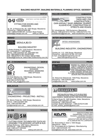 HU LUSI KOMERC kumano vo 
Construction 
(high and low 
construction ), 
own asp halt base AMMANN , quarry 
Al ashevc he, construction of 
stree ts and roads 
St. Industriska bb, 1300 Kumanovo, Macedonia 
Phone: +389 (0)31/413 772 Fax: +389 (0)31/412 772 
hulusikomerc@gmail.com, www.hulusikomerc.com.mk 
INTER INgENERING skopje 
izofas pr ilep 
Making all kinds of con-crete, 
concrete sewe r 
pipes , concrete bl ocks, 
construction of various 
civil enginee ring struc-tures 
, roads , water sup-ply 
and sewe rage sys tems . 
Des ign and enginee ring 
kasa inzener ing skopje 
Manufacturing and 
enginee ring. Structural 
facades , lukobond facades , 
ve ntilated facades . 
Manufacture and install ation 
of aluminum and PVC carpe ntry 
29 
building industr y, building mater ials , plann ing off ice , geo des y 
St. Aleksandar Makedonski 7500 Prilep, Macedonia 
Phone/Fax: +389 (0)48/402 000 
info@izofas.com.mk, www.izofas.com.mk 
IZOLIRKA-90 veles 
Specialized in final cuts in building 
construction, hydro isolation and 
maintenance, warm asphalt and isolation bands 
5 Dame Gruev St. 1420 Gradsko, Veles, Macedonia 
Phone: +389 (0)43/251 132 
Phone/Fax: +389 (0)43/251 800 
Contact: Ibrahim Brahovich - +389 (0)70/216 260 
E-mail: izolirka_gradsko@yahoo.com 
Gu skopje 
IMAKO Gost ivar 
Build ing industry 
1 Sretko Krsteski St. 1230 Gostivar, Macedonia 
St. Londonska 2/1, 1000 Skopje 
Phone: +389 (0)42/522 337, (0)2/3060 550 
Fax: +389 (0)42/214 526, (0)2/3076 829 
Cell: +389 (0)75/215 140, Contact: Selmani Malic 
imakosk@t-home.mk www.imako.clubeconomy.com.mk 
iva - z eng ineer ing 
skopje 
Enginee ring, des ign, 
interior, 
build ings , mansions 
and off ices 
15 Krste Misirkov Av. 1000 Skopje, Macedonia 
Phone: +389 (0)2/3221 097 
Cell+389 (0)75/219 900 
E-mail: ivaz_eng@yahoo.com 
a 
St. Bukureshka 5, lokal 3, 1000 Skopje, 
Macedonia - Office 
St. Prvomajska bb (in Staklara) - Manufacturing 
Cell: +389 (0)70/220 119 
kasa@kasa.com.mk, www.kasa.com.mk 
izolac ija skopje 
ENGIN EERIN G - PROJ ECTIN G - IN STA LL 
St. Momin Potok bb, 1000 Skopje, Macedonia 
Phone: +389 (0)2/3097 085 
Fax: +389 (0)2/3097 088 
info@izolacija.com.mk www.izolacija.com.mk 
ju-sm teto vo 
Cutting edge tec hnology such as 
assembly falsew ork LAyH ER & RU X 
Village Radiovce, 1200 Tetovo, Macedonia 
Phone/Fax: +389 (0)44/366 426 
Cell: +389 (0)71/ 224 655 
info@ju-sm.com.mk www.ju-sm.com.mk 
Build ing industry, enginee ring 
Gradski zid, 11/3, 1000 Skopje, Macedonia 
Phone/Fax: +389 (0)2/3134 292, 3213 454 
E-mail: contact@interingenering.com.mk 
www.interingenering.com.mk 
Fitting for doors and 
windows 
St. 29 - th Noemvri No. 60, 1000 Skopje, Macedonia 
Phone/Fax: +389(0)2/3246 586 
Cell: +389(0)75/490 257, Contact: Bojan Kaeski 
kaeski@gu-skopje.com.mk www.g-u.de/mk 
 