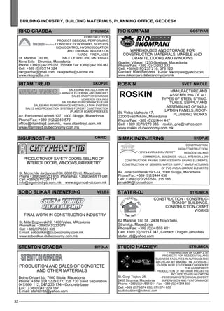SIGURNOST - PB ohrid 
32 
building industr y, building mater ials , plann ing off ice , geo des y 
RIO KOMPANI Gost ivar 
rosk in svet i nikole 
simak inz injer ing skopje 
CON STRU CTION : 
High construction: 
res ide ntial and 
comme rcial build ings , halls , interior, Low 
construction: paving surfaces with paving eleme nts, 
construction of sewe rs, water supply Manufacturing 
of PVC and aluminum eleme nts 
Av. Jane Sandanski19/1-14, 1000 Skopje, Macedonia 
Phone/Fax: +389 (0)2/2444 636 
Cell: +389 (0)70/216 585, 315 185 
simak94@hotmail.com 
RIKO GRADBA STRUMICA 
CON STRU CTION 
Projec t des igns, Performing 
construction works, Supe rvi-sion 
control Hyd ro isolation 
and thermal insulation 
Yards Firepl aces 
ritam trej d skopje 
Sales and install ation of 
laminate fl ooring and parquet 
Sales and pe rformance 
lowe red ce ilings 
Sales and pe rformance Lex an 
Sales and pe rformance Wed iInsulation Sys tems 
Sales and production sys tems for dry construction 
(pl aster board profiles } 
Av. Partizanski odredi 127, 1000 Skopje, Macedonia 
Phone/Fax: +389 (0)2/2040 572 
office@ritamtrejd.com.mk, www.ritamtrejd.com.mk 
www.ritamtrejd.clubeconomy.com.mk 
STENTON GRADBA Bitola 
Production and sales of concrete 
and other materials 
Dolno Orizari bb, 7000 Bitola, Macedonia 
Phone: +389 (0)47/229 077, 228 730 Sand Separation 
047/800 112, 047/235 174 - Concrete base 
Fax: +389(0)47/229 167 
E-mail: stentonbt@yahoo.com 
Warehouses and storage for 
construction materials , marble and 
granite, doors and windows 
Gradec Village, 1230 Gostivar, Macedonia 
Phone/Fax: +389 (0)42/382 333 
Cell: +389(0)70/235 216, 378 120 
Contact: Riad Redzepi, E-mail: riokompani@yahoo.com, 
www.riokompani.clubeconomy.com.mk 
sobo sl ikar inzener ing 
FINA L WORK IN CON STRU CTION IN DUSTR Y 
St. Mite Bogoevski19, 1400 Veles, MAcedonia 
Phone/Fax: +389(0)43/230 079 
Cell: +389(0)70/513 335 
E-mail: soboslikar@clubeconomy.com.mk 
www.soboslikar.clubeconomy.com.mk 
veles 
rosk in Manufacture and 
assembl ing of all 
types of steel struc-tures 
, supply and 
assembl ing of insu-lation 
panels , roof- 
St. Velko Vlahovic 47, lp ubm ing works 
2200 Sveti Nikole, Macedonia 
Phone/Fax: +389 (0)32/444 447 
Cell: +389 (0)70/270 085 roskin_grle@yahoo.com 
www.roskin.clubeconomy.com.mk 
St. Marshal Tito bb, 
Sale of spec ific materials 
Novo Selo - Strumica, Macedonia 
Phone: +389 (0)34/355 067, 356 900 Fax: +389(0)34/ 355 067 
Cell: +389 (0)70/214 324 
rikogradba@gmail.com, rikogradba@t-home.mk 
www.rikogradba.mk 
Production of safe ty-doors. Sell ing of 
interior doors, windows , parquetry 
St. Momchilo Jordanoski106, 6000 Ohrid, Macedonia 
Phone +389(0)46/253 615 Phone/Fax: +389(0)46/611 041 
Cell: +389(0)71/231 117 
info@sigurnost-pb.com.mk www.sigurnost-pb.com.mk 
STATER-DJ str umica 
Construction - construc-tion 
of build ings , 
construction-craft 
works 
62 Marshal Tito St., 2434 Novo Selo, 
Strumica, Macedonia 
Phone/Fax: +389 (0)34/355 401 
Cell: +389 (0)70/214 347, Contact: Dragan Janushev 
stater_dj@yahoo.com 
str umica 
- Prep aration of comple te 
projec ts for res ide ntial and 
business facilities in AutoCad and 
ArchiCad, by making the 3D-visual-ization 
in 3D StudioMax chose n by 
the inves tme nt 
- Production of interior projec ts 
incl ude 3D-visualization 
- Performing tec hnical expe rt 
supe rvision and pe rformance 
st udio hadzievi 
St. Gorgi Trajkov 28, 
2400 Strumica, Macedonia 
Phone: +389 (0)34/551 011 Fax: +389 (0)34/344 650 
Cell: +389 (0)70/374 650, 071/374 650 
studiohadzievi@hotmail.com 
 
