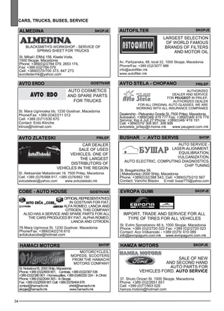 cars , tr ucks , buses , ser vice 
34 
autof ilter skopje 
Larges t selec tion 
of world famous 
brands of filters 
and motor oil 
AVTO STELA - chOPANO Prilep 
Authorized 
de ale r and se rvice 
for PEUGEOT in Prilep . 
Authorized de ale r 
for all original auto gl asses . We are 
working with all insurance comp anies 
Dealership - Pletvarsko Dzade St. 7500 Prilep, Macedonia 
Autosalon: +389(0)48/ 419 777 Fax: +389(0)48/ 419 778 
Service: Kej 4 Juli 27 Phone: +389(0)48/ 419 191 
Cell: +389(0)70/ 308 907, 308 906 
avtostela_prilep@t-home.mk www.peugeot.com.mk 
BUs hAR - AVTO SERVI S Shtip 
AUTO SERVICE - 
Lase r-alignme nt, 
eq uilibration, 
vulc anization, 
auto elec tric, comp uting diagnostics , 
chip tuning 
St. Bregalnichka 39, 
( Makedonka) 2000 Shtip, Macedonia 
Phone: +389(0)32/388 543, Cell: +389(0)75/210 567 
Contact: Vancho Blazev E-mail: busar770@yahoo.com 
alme dina Skopje 
Blacksm ith's workshop - se rvice of 
sp ring shee t for trucks 
St. Mihail i Eftihij 158, Kisela Voda, 
1000 Skopje, Macedonia 
Phone: +389(0)2/2784 079, 2653 174, 
Fax: +389 (0)2/784 079 
Cell: +389(0)70/700 373, 847 273 
eurofedermk@yahoo.com 
avto er do 
gost ivar 
Auto cosme tics 
and sp are parts 
for trucks 
St. Mara Ugrinoska bb, 1230 Gostivar, Macedonia 
Phone/Fax: +389 (0)42/211 012 
Cell: +389 (0)71/530 670 
Contact: Erdo Klinche 
klince@hotmail.com 
avto zlatesk i pr ilep 
CAR DEALER 
Sale of used 
ve hicles , one of 
the larges t 
distributors of 
ve hicles in the reg ion 
cobe - auto house gost ivar 
hamac i motors 
shtip 
Motorcycles , 
mopeds , sc ooters 
from the HA MACHI 
MOTOR S comp any 
St. Nobelova16, 2000 Shtip, Macedonia 
Phone: +389 (0)32/609 901, Centrala, +389 (0)32/397 536 
+389 (0)32/380 901 -H omesupllies, +389 (0)46/250 324 - I n Ohrid 
Phone: +389 (0)2/2044 303 - I n Skopje 
Fax: +389 (0)32/609 901 Cell: +389 (0)78/404 676 
contact@hamachi.mk ohrid@hamach i.mk 
skopje@hamachi.mk www.hamachi.mk 
EVROPA gumi Skopje 
Imp ort, trade and se rvice for all 
type of tires for all ve hicles 
St. Evtim Sprostranov 46 b, 1000 Skopje, Macedonia 
Phone: +389 (0)2/2720 022 Fax: +389 (0)2/2720 023 
Contact: Aco Volkanoski - +389 (0)75/ 410 089 
info@evropagumi.com.mk www.evropagumi.com.mk 
hamza motors skopje 
Sale of new 
and sec ond hand 
auto parts for 
ve hicles FOrd. AUTO SERVI CE 
37. Shuto Orizari St. 1000 Skopje, Macedonia 
Phone: +389 (0)2/2651 651 
Cell: +389 (0)71/903 029 
hamza.motors@hotmail.com 
Off icial rep rese ntatives 
in Gostivar for FIAT , 
Alf a Rome o, Lancia and 
Citroen. This comp any 
als o has a se rvice and sp are parts for all 
the cars produced by FIAT , Alp ha Rome o, 
Lancia and Citroen. 
76 Mara Ugrinova St. 1230 Gostivar, Macedonia 
Phone/Fax: +389(0)42/216 610 
avtokukacobe@hotmail.com 
Av. Partizanska, 88, local 22, 1000 Skopje, Macedonia 
Phone/Fax: +389 (0)2/3077 988 
info@autofilter.mk 
www.autofilter.mk 
St. Aleksandar Makedonski 18, 7500 Prilep, Macedonia 
Cell: +389 (0)76/988 917, +389 (0)76/662 150 
avtozlateski@yahoo.com www.avtozlateski.mk 
 