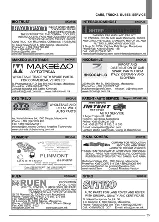 35 
cars , tr ucks , buses , ser vice 
iko tr ust skopje 
Sale of water coole rs, 
conde nse rs for air 
conditioning sys tems , 
the ev aporator, the ce ntral coole rs, 
intercoole rs, fans and coole rs for all 
types of ve hicles , trucks, buses , 
construction machines , comb ines , tractors 
St. Sava Kovachevic 1, 1000 Skopje, Macedonia 
Phone/Fax: +389 (0)2/2770 480 
Cell: +389 (0)75/231 624 
ikotrust@yahoo.com 
www.iko-trust.clubeconomy.com.mk 
MAKEDO AUTOTRade Skopje 
oto trej d skopje 
Wholes ale and 
retail with 
auto parts 
Av. Krste Misirkov 9A, 1000 Skopje, Macedonia 
Phone: +389 (0)2/3239 495 
Fax: +389 (0)2/3222 051 
ototrade@on.net.mk Contact: Angelina Todorovska 
www.ototrade.clubeconomy.com.mk 
intersol idarnost skopje 
nikosan -jz skopje 
Imp ort and 
istribution of car 
sp are parts from 
Italy , Germany and 
Slove nia 
220 Ho Shi Min St, 1000 Skopje, Macedonia 
Phone/Fax: +389 (0)2/2627 340 
bukikomerc@yahoo.com, nikosan_jz@yahoo.com 
www.nikosan-jz.com.mk 
Wholes ale trade with sp are parts 
for comme rcial ve hicles 
St. Prvomajska bb, P.O. Box 894, 1000 Skopje, Macedonia 
Phone/Fax: +389 (0)2/2477 777 
Contact: Natasha and Sasho Klimovski 
makedoat@unet.com.mk www.makedoauto.mk 
PATENT - AuTO SERVIce Negorci Gevgel ija 
Auto se rvice 
5 Angel Trajkov St. 1483 
Negorci - Gevgelija, Macedonia 
Phone: +389 (0)34/231 355 
Cell: +389 (0)70/218 835, 311 355 
E-mail: servispatent@yahoo.com 
Contact: Darko Balamovski, G|orgji D. Balamovski 
PLINMONT bitola 
Phone: +389 (0)47/262 417 Cell: +389 (0)70/606 031 
plinmontbt@yahoo.com www.plinmont.com.mk 
P.K.M. KOMERC Skopje 
Comp any for production 
and trade with sp are 
parts for freight ve hicles 
Production program for car brakes , hyd raulic 
se rvo, pipes for high press ure, comp ress 
rubbe r bols ters for TA M, SANO S, and RA BA 
Radishani Village 256, 1000 Skopje, Macedonia 
Phone/Fax: +389 02/2672 619 Cell: +389 (0)70/206 494 
vmojsoska@yahoo.de, predrag@vasilov.com 
www.vasilov.com Contact: Milachko Vasilov 
RUEN Koc han i 
Production 
of cl utches 
(cl utch cove rs, cl utch disks, rele ase 
be arings , cl utch kits), ge ars and 
facings for all type of ve hicles 
St. 29 Noemvri 32, 2300 Kochani, Macedonia 
Phone: +389(0)33/279 600, 279 597, 279 598 
Fax: +389(0)33/279 599, 279 620 
St. Leninova 16, 1000, Skopje, Macedonia 
Phone: +389(0)2/3214 730 - Head Office in Skopje 
Fax: +389 (0)2/3211 622 
info@ruen.com.mk www.ruen.com.mk 
Parking, car wash and car lot 
TIR parking, retail and washing cars, buses 
and cargo ve hicles . Changing motor oil and 
filters, lubricating ve hicles 
3 Skupi St, 1000 ( Zajchev Rid) Skopje, Macedonia 
Phone/Fax: +389 (0)2/3097 188 
Cell: +389 (0)75/436 363 
intersolidarnost@gmail.com www.intersolidarnost.com.mk 
SITKO Skopje 
Auto parts for LAN D RO VER and RO VER 
with original quality and ce rtificate 
St. Nikola Parapunov 3a, lok. 36, 
T.C. Karposh 4, 1000 Skopje, Macedonia 
Phone: +389(0)2/3065 701 Fax: +389(0)2/3062 961 
Cell: +389(0)70/221 307 E-mail: sitko@on.net.mk 
 