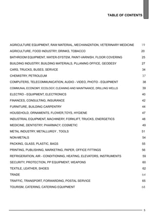 AGRICULTURE EQUIPMENT, RAW MATERIAL, MECHANIZATION, VETERINARY MEDICINE 19 
AGRICULTURE, FOOD INDUSTRY, DRINKS, TOBACCO 20 
BATHROOM EQUIPMENT, WATER-SYSTEM, PAINT-VARNISH, FLOOR COVERING 25 
BUILDING INDUSTRY, BUILDING MATERIALS, PLLANING office, geodesy 27 
CARS, TRUCKS, BUSES, SERVICE 34 
CHEMISTRY, PETROLEUM 37 
COMPUTERS, TELECOMMUNICATION, AUDIO - VIDEO, PHOTO - EQUIPMENT 38 
communal economy, ecology, cleaning and maintnance, DRILLING WELLS 39 
ELECTRO - EQUIPMENT, ELECTRONICS 40 
FINANCES, CONSULTING, INSURANCE 42 
FURNITURE, BUILDING CARPENTRY 44 
HOUSEHOLD, ORNAMENTS, FLOWER,toys, hygiene 47 
industrial equipment, machinery, forklift, trucks, energetics 48 
MEDICINE, dentistry, PHARMACY, cosmetic 49 
METAL INDUSTRY, METALLURGY , TOOLS 51 
NON-METALS 54 
PACKING, GLASS, PLASTIC, BAGS 55 
PRINTING, PUBLISHING, MARKETING, paper, office fittings 56 
REFRIGERATION, AIR - CONDITIONING, HEATING, ELEVATORS, INSTRUMENTS 59 
SECURITY, PROTECTION, pp equipment, weapons 60 
TEXTILE, LEATHER, SHOES 62 
TRADE 64 
TRAFFIC, TRANSPORT, FORWARDING, postal service 65 
tOURISM, CATERING, catering equipment 68 
5 
TABLE OF CONTENTS 
 