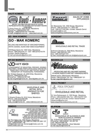 64 
tra de 
energ i shop skopje 
Sales of home 
appl iances 
St. Bitpazarska 125, 1000 Skopje, Macedonia 
Phone: +389 (0)2/3225 711, 2630 350 
Cell: +389 (0)71/345 896, Contakt: Sabedin Demiri 
energishop@live.com 
www.energishop.clubeconomy.com.mk 
DAUTI KOMERC Skopje 
GO - MAK KOMERC Veles 
GO - MAK KOMERC 
Sell ing and montage of airconditioning, 
white goods , audio and vide o eq uipme nt 
159 Blagoj Gjorev St. 1400 Veles, Macedonia 
Phone: +389 (0)43/230 211 Cell: +389 (0)75/216 074 
Contact: Sashko Bogatinov 
E-mail: gomaksasko@yahoo.com 
KIT-GO market i SHt ip 
Consignme nt of industrial presses , sew ing-machines 
, sp are parts.Wholes ale and retail 
trade whit food-stuff and tex tile goods . 
Transp ort of passe nge rs, forwarding. 
St. Hristijan Karposh 22, 2000 Shtip, Macedonia 
Phone: +389(0)32/397 937, 
Phone/Fax: +389(0)32/397 936 
E-mail: kit-goteks@t-home.mk www.kitgoteks.com.mk 
MAK NOVA Vinica 
2 Strasho Pindzur St. 2310 Vinica, Macedonia 
Phone: +389 (0)33/360 066 
Fax: +389 (0)33/362 604 
mak_nova@t-home.mk www.maknova.com.mk 
rimeko 
Wholes ale and 
retail with 
products for 
skopje 
babyes 
Imp ort and distribution of 
the house hold appl iances , 
audio-vide o tec hnique, 
air-conditioning units, sm all 
kitchen and sm all house 
appl iances and the wide ass ort-me 
nt of the room heating and 
water heating appl iances using 
diffe rent sources of energies 
St. Pero Nakov bb, 1000 Skopje, Macedonia 
Phone: +389(0)2/2581 136, 2550 219, 2550 218, 2551 137 
Fax: +389(0)2/2581 136 
info@rimeko.com.mk, komercija@rimeko.com.mk 
www.rimeko.com.mk 
horizont bitola 
Wholes ale and retail trade 
8 Kliment Ohridski St. 7000 Bitola, Macedonia 
Phone: +389 (0)47/227 479 
Fax: +389 (0)47/227 416 
E-mail: horizont@t-home.mk info@skhorizonti.com 
MAGNOLIJA Kco han i 
Producing and sell ing baby napkins, 
hyg ienic inse rts and we t handkerchiefs 
Shtipski pat bb, 2300 Kochani, Macedonia 
Phone: +389 (0)33/297 797 Fax: +389(0)2/297 121 
E-mail: magnofarm@yahoo.com 
reka promet 
St. Vera Radosavqevic. 8, 1000 Skopje , Macedonia 
Phone: +389 (0)2/2551 626, Fax: +389 (0)2/2551 625 
Cell: +389 (0)71/218 230, Contact: Sadula Rustemi 
rekapromet@yahoo.com 
www.rekapromet.clubeconomy.com.mk 
SEJPROM 
Wholesale of alcoholic and 
non-alcoholic drinks 
St. 15 Korpus bb, 6000 Ohrid, Macedonia 
Phone/Fax: +389 (0)46/261 129, 262 129 
Cell: +389 (0)75/484 106 
Contact: Dragan Sekuloski, Zoran Sekuloski 
E-mail: sej-prom@t-home.mk 
skopje 
Wholes ale and retail 
Imp ort, distribution and sales of goods . 
Rep rese ntative and distributor for many known 
comp anies 
3 Anton Popov St. 1000 Skopje, Macedonia 
Phone/Fax: +389(0)2/2550 124, 
Storage - +389(0)2/2534 819, 2534 859 
E-mail: info@dauti.com.mk www.dauti.com.mk 
ohrid 
 
