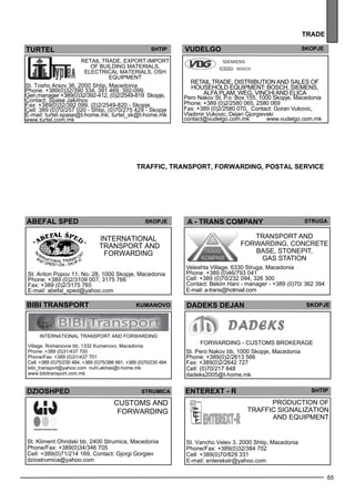 A - TRANS cOMPANy Str uga 
Production of 
traff ic signalization 
and eq uipme nt 
65 
tra de 
VUDELGO skopje 
Retail trade, distribution and sales of 
househ old equipme nt: BOSCH, SIЕMENS, 
ALFA PLAM, WEG, VINCHI and ELICA 
Pero Nakov St. P.o. Box 155, 1000 Skopje, Macedonia 
Phone: +389 (0)2/2580 065, 2580 069 
Fax: +389 (0)2/2580 070, Contact: Goran Vukovic, 
Vladimir Vukovic, Dejan Gjorgievski 
contact@vudelgo.com.mk www.vudelgo.com.mk 
TURTEL Shtip 
Re tail trade , Exp ort-Imp ort 
of build ing materials , 
elec trical materials , OSH 
eq uipme nt 
St. Tosho Arsov 36, 2000 Shtip, Macedonia 
Phone: +389(0)32/390 334, 391 469, 392-099, 
Gen.manager +389(0)32/392-412, (0)2/2549-819 Skopje, 
Contact: Spase Jakimov 
Fax: +389(0)32/392 099, (0)2/2549-820 - Skopje 
Cell: 389 (0)70/257 020 - Shtip, (0)70/275 429 - Skopje 
E-mail: turtel.spase@t-home.mk, turtel_sk@t-home.mk 
www.turtel.com.mk 
traff ic, transport , forwar ding , postal ser vice 
dadeks dejan skopje 
Forwarding - Customs Brokerage 
St. Pero Nakov bb, 1000 Skopje, Macedonia 
Phone: +389(0)2/2613 566 
Fax: +389(0)2/2642 727 
Cell: (0)70/217 848 
dadeks2005@t-home.mk 
ENTEREXT - R 
St. Vancho Velev 3, 2000 Shtip, Macedonia 
Phone/Fax: +389(0)32/384 702 
Cell: +389(0)70/829 331 
E-mail: enterekstr@yahoo.com 
Shtip 
ABEFAL sPED Skopje 
International 
transp ort and 
forwarding 
St. Anton Popov 11, No. 28, 1000 Skopje, Macedonia 
Phone: +389 (0)2/3109 007, 3175 766 
Fax: +389 (0)2/3175 765 
E-mail: abefal_sped@yahoo.com 
kumano vo 
dzioShpe d str umica 
Customs and 
forwarding 
St. Kliment Ohridski bb, 2400 Strumica, Macedonia 
Phone/Fax: +389(0)34/346 705 
Cell: +389(0)71/214 169, Contact: Gjorgi Gorgiev 
dziostrumica@yahoo.com 
Transport and 
forwarding, concrete 
base, stonepit, 
gas station 
Veleshta Village, 6330 Struga, Macedonia 
Phone: +389 (0)46/793 041 
Cell: +389 (0)70/232 094, 326 300 
Contact: Bekim Hani - manager - +389 (0)70/ 362 394 
E-mail: a-trans@hotmail.com 
bibi transport 
international transp ort and forwarding 
Village. Romanovce bb, 1332 Kumanovo, Macedonia 
Phone: +389 (0)31/437 700 
Phone/Fax: +389 (0)31/437 701 
Cell: +389 (0)75/230 484, +389 (0)75/388 991, +389 (0)70/230 484 
bibi_transport@yahoo.com nuhi.aktras@t-home.mk 
www.bibitransport.com.mk 
 