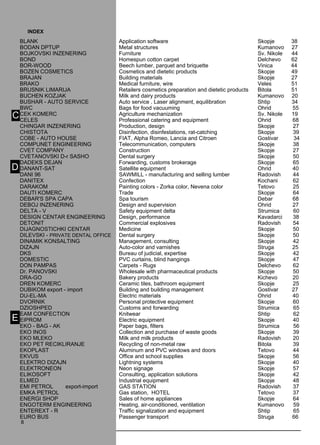 BLANK A pplication software Skopje 38 
BODAN DPTU P Metal structures Kumanovo 27 
BOJKO VSKI IN ZENERIN G Furniture Sv. Nikole 44 
BON D Homespun cotton carpet Delchevo 62 
BOR -WOO D Beech lumber, parquet and briquette Vinica 44 
BOZEN COSMETI CS Cosmetics and dietetic products Skopje 49 
BRAJAN Building materials Skopje 27 
BRAKO Medical furniture, wire Veles 51 
BRU SNIK LIMARIJA R etailers cosmetics preparation and dietetic products Bitola 51 
BUCHEN KO ZJAK Milk and dairy products Kumanovo 20 
BUSHAR - AUTO SERVICE Auto service . Laser alignment, equilibration Shtip 34 
BWC Bags for food vacuuming Ohrid 55 
CEK KO MERC Agriculture mechanization Sv. Nikole 19 
CELES Professional catering and equipment Ohrid 68 
CHIN GAR IN ZENERIN G Production, design Skopje 27 
CHI STOTA Disinfection, disinfestations, rat-catching Skopje 39 
COBE - AUTO HOU SE FIAT , Alpha Romeo, Lancia and Citroen Gostivar 34 
COMPUN ET ENGIN EERIN G Telecommunication, computers Skopje 38 
CVET COMPAN Y Construction Skopje 27 
CVETANO VSKI D-r SASHO Dental surgery Skopje 50 
DADEKS DEJAN Forwarding, customs brokerage Skopje 65 
DANANT -SAT Satellite equipment Ohrid 40 
DANI 96 SAWMILL - manufacturing and selling lumber Radovish 44 
DANIT EX Confection Kochani 62 
DARAKO M Painting colors - Zorka color, Nevena color Tetovo 25 
DAUTI KO MERC Trade Skopje 64 
DEBAR 'S SPA CAPA Spa tourism Debar 68 
DEBOJ IN ZENERIN G Design and supervision Ohrid 27 
DELTA - V Safety equipment delta Strumica 60 
DESIGN CENTAR ENGIN EERIN G Design, performance Kavadarci 38 
DETONIT Commercial explosives Radovish 54 
DIJA GNO STI CHKI CENTAR Medicine Skopje 50 
DILEVSKI - PRI VAT E DENTA L OFFICE Dental surgery Skopje 50 
DINA MIK KON SALTIN G Management, consulting Skopje 42 
DIZAJN A uto-color and varnishes Struga 25 
DKS Bureau of judicial, expertise Skopje 42 
DOMESTI C PVC curtains, blind hangings Skopje 47 
DON PAMPAS Carpets - Rugs Delchevo 62 
Dr. PANO VSKI Wholesale with pharmaceutical products Skopje 50 
DRA -GO Bakery products Kichevo 20 
DREN KO MERC Ceramic tiles, bathroom equipment Skopje 25 
DUBIKO M export - import Building and building management Gostivar 27 
DU-EL-MA Electric materials Ohrid 40 
DVORNIK Personal protective equipment Skopje 60 
DZIO SHPED Customs and forwarding Strumica 65 
EAM CON FECTION K nitwear Shtip 62 
EIPRO M Electric equipment Skopje 40 
EKO - BAG - AK Paper bags, filters Strumica 56 
EKO INO S Collection and purchase of waste goods Skopje 39 
EKO MLEKO Milk and milk products Radovish 20 
EKO PET RECIK LIRANJ E Recycling of non-metal raw Bitola 39 
EKO PLAST Aluminum and PVC windows and doors Tetovo 44 
EKVUS Office and school supplies Skopje 56 
ELEKTRO DIZAJN Lightning systems Skopje 40 
ELEKTRON EON N eon signage Skopje 57 
ELIKO SOFT Consulting, application solutions Skopje 42 
ELMED Industrial equipment Skopje 48 
EMI PETRO L export-import GAS STATION R adovish 37 
EMKA PETRO L Gas station, HOT EL Tetovo 37 
ENERGI SHO P Sales of home appliances Skopje 64 
ENGOT ERM ENGIN EERIN G Heating, air-conditioned, ventilation Kumanovo 59 
ENT EREXT - R T raffic signalization and equipment Shtip 65 
EURO BUS Passenger transport Struga 66 
8 
index 
C 
D 
E 
8 
 
