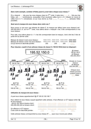 Les Réseaux – L’adressage IPV4 . .
Ver 1.2 - StL - Page 12 sur 12
Dans notre exemple, combien d’hôtes peut-il y avoir dans chaque sous réseau ?
On a réservé 3.. bits pour les sous réseaux dans le 4
ème
octet, il reste donc 8-3..=5.. bits pour les
hôtes, soit 2
5
… combinaisons, auxquelles il faut soustraire celles tout à « 0 » (réseau en cours) et
celles tout à « 1 » (broadcast), ce qui nous donne au final 2
5
-2.. = 32-2.. = 30. adresses hôtes
possibles.
Quel sera le masque de sous réseau dans notre cas ?
Nous avons vu que pour une adresse de classe C, le masque par défaut (sans sous réseaux) est :
255.255.255.0, or, sur le 4
ème
octet, nous allons devoir « masquer » les 3 bits correspondants à nos
sous réseaux.
Pour cela, nous allons placer à « 1 » les bits correspondant dans le masque, c’est à dire les 3 bits de
poids fort du dernier octet :
Masque de classe C sans sous réseaux : 1111 1111 . 1111 1111 . 1111 1111 . 0000 0000
Masque de classe C avec nos sous réseaux : 1111 1111 . 1111 1111 . 1111 1111 . 1110 0000
Ce qui donne en décimale pointée : 255 . 255 . 255 . 224..
Pour résumer, à partir d’une adresse réseau de classe C ( 195.52.150.0) dont on disposait :
Utilisation du masque de sous réseau :
A quel sous réseau appartiendrait l’@ IP 195.52.150.196 ?
Pour obtenir le sous réseau auquel appartient cette adresse, il faut effectuer un ET logique entre l’@
IP et le masque :
195.52.150.196 en binaire s’écrit : 1100 0011 . 0011 0100 . 1001 0110 . 1100 0100
255.255.255.224 en binaire s’écrit : 1111 1111 . 1111 1111 . 1111 1111 . 1110 0000
On effectue un ET logique : 1100 0011 . 0011 0100 . 1001 0110 . 1100 0000
C’est à dire en décimale pointée : 195 . 52 . . 150.. . 192..
Cette adresse réseau correspondrait au sous réseau N°6.. (que nous n’avons pas utilisé).
@ réseau
195.52.150.0
de Masque
255.255.255.0
Divisée en 4 sous
réseaux
de Masque
255.255.255.224
Chaque sous
réseau pouvant
contenir jusqu’à
30.. hôtes
SSR0 SSR1 SSR2 SSR3
@ IP de
195.52.150.1..
à
195.52.150.30.
@ IP de
195.52.150.33..
à
195.52.150.62..
@ IP de
195.52.150.65..
à
195.52.150.94..
@ IP de
195.52.150.97..
à
195.52.150.126
195.52.150.0
195.52.150.0.. 195.52.150.32 195.52.150.64 195.52.150.96
 