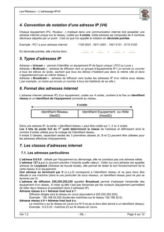 Les Réseaux – L’adressage IPV4 . .
Ver 1.2 - StL - Page 4 sur 12
4. Convention de notation d’une adresse IP (V4)
Chaque équipement (PC, Routeur…) impliqué dans une communication internet doit posséder une
adresse internet unique sur le réseau, codée sur 4 octets. Cette adresse est composée de 4 nombres
décimaux séparés par un point : c’est ce que l’on appelle la notation en décimale pointée.
Exemple : PC1 a pour adresse internet : 1100 0001 . 0011 0001 . 1001 0101 . 0110 0100
En décimale pointée, elle s’écrira donc : 193 . 49 . 148 . 100.
5. Types d’adresses IP
Adresse « Unicast » : permet d’identifier un équipement IP de façon unique ( PC2 ou Louis ).
Adresse « Multicast » : adresse de diffusion vers un groupe d’équipements IP ( on envoie un courrier
à tous les élèves du lycée, sachant que tous les élèves n’habitent pas dans la même ville et donc
n’appartiennent pas au même réseau )
Adresse « Broadcast » : adresse de diffusion vers toutes les adresses IP d’un même sous réseau
( par exemple, un maire qui envoie un courrier à tous les habitants de sa ville ).
6. Format des adresses internet
L’adresse internet (adresse IP) d’un équipement, codée sur 4 octets, contient à la fois un identifiant
réseau et un identifiant de l’équipement connecté au réseau.
4 octets
Identifiant Réseau
(NetID)
Identifiant Equipement ou Hôte
(HostID)
Dans une adresse IP, la partie « Identifiant réseau » peut être codée sur 1, 2 ou 3 octets.
Les 3 bits de poids fort du 1
er
octet déterminent la classe de l’adresse et définissent ainsi le
nombre d’octets utilisés pour le codage de l’identifiant réseau.
Il existe 5 classes, cependant seules les 3 premières classes (A, B et C) peuvent être utilisées pour
les adresses effectives d’équipements.
7. Les classes d’adresses internet
7.1. Les adresses particulières
L’adresse 0.0.0.0 : utilisée par l’équipement au démarrage, elle ne constitue pas une adresse valide.
L’adresse 127.x.x.x (x pouvant prendre n’importe quelle valeur) : Cette (ou ces) adresse est appelée
adresse de Loopback (Adresse de boucle locale), elle permet de tester le bon fonctionnement de la
carte réseau d’un équipement.
Une adresse se terminant par 0 (x.x.x.0) correspond à l’identifiant réseau et ne peut donc être
allouée à une machine (dans le cas particulier de sous réseaux, un identifiant réseau peut ne pas se
terminer par 0)
L’adresse de diffusion 255.255.255.255 appelée Broadcast permet d’adresser l’ensemble des
équipement d’un réseau. A noter qu’elle n’est pas transmise par les routeurs (équipement permettant
de relier deux réseaux et possédant dons 2 adresses IP).
Adresse réseau à x + Adresse host tout à 1 :
Diffusion dirigée vers le réseau en cours (équivalent à 255.255.255.255).
Exemple : 192.168.32.255 (toutes les machines sur le réseau 192.168.32.0).
Adresse réseau à 0 + Adresse host tout à x :
La machine x sur le réseau en cours (Le N°0 ne pe ut donc être donné à un identifiant réseau)
Exemple : 0.0.0.23 : machine 23 sur le réseau en cours.
 