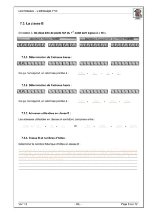 Les Réseaux – L’adressage IPV4 . .
Ver 1.2 - StL - Page 6 sur 12
7.3. La classe B
En classe B, les deux bits de poids fort du 1
er
octet sont égaux à « 10 ».
Identifiant Réseau (NetID) Identifiant Equipement (ou Hôte) (HostID)
1 0 x x x x x x . x x x x x x x x . x x x x x x x x . x x x x x x x x
7.3.1. Détermination de l’adresse basse :
1 0 . . .
Ce qui correspond, en décimale pointée à : 128 . 0 . 0 . 1.
7.3.2. Détermination de l’adresse haute :
1 0 . . .
Ce qui correspond, en décimale pointée à : 191 . 255 . 255 . 254.
7.3.3. Adresses utilisables en classe B :
Les adresses utilisables en classes A sont donc comprises entre :
128 . 0 . 0 . 1. et 191 . 255 . 255 . 254.
7.3.4. Classe B et nombres d’hôtes :
Déterminer le nombre théorique d’hôtes en classe B :
En classe B, il y a 2 octets réservés à l’adressage des hôtes, soit 2
1 6
combinaisons
possibles, auxquelles il faut soustraire les adresses x.x.0.0 (adresse réseau) et
x.x.255.255 (adresse de diffusion ou de broadcast), il pourra donc y avoir : 2
16
– 2
hôtes, c’est à dire 65 534 hôtes.
 