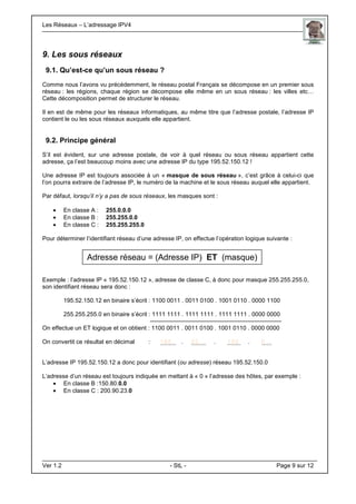 Les Réseaux – L’adressage IPV4 . .
Ver 1.2 - StL - Page 9 sur 12
9. Les sous réseaux
9.1. Qu’est-ce qu’un sous réseau ?
Comme nous l’avons vu précédemment, le réseau postal Français se décompose en un premier sous
réseau : les régions, chaque région se décompose elle même en un sous réseau : les villes etc…
Cette décomposition permet de structurer le réseau.
Il en est de même pour les réseaux informatiques, au même titre que l’adresse postale, l’adresse IP
contient le ou les sous réseaux auxquels elle appartient.
9.2. Principe général
S’il est évident, sur une adresse postale, de voir à quel réseau ou sous réseau appartient cette
adresse, ça l’est beaucoup moins avec une adresse IP du type 195.52.150.12 !
Une adresse IP est toujours associée à un « masque de sous réseau », c’est grâce à celui-ci que
l’on pourra extraire de l’adresse IP, le numéro de la machine et le sous réseau auquel elle appartient.
Par défaut, lorsqu’il n’y a pas de sous réseaux, les masques sont :
• En classe A : 255.0.0.0
• En classe B : 255.255.0.0
• En classe C : 255.255.255.0
Pour déterminer l’identifiant réseau d’une adresse IP, on effectue l’opération logique suivante :
Exemple : l’adresse IP « 195.52.150.12 », adresse de classe C, à donc pour masque 255.255.255.0,
son identifiant réseau sera donc :
195.52.150.12 en binaire s’écrit : 1100 0011 . 0011 0100 . 1001 0110 . 0000 1100
255.255.255.0 en binaire s’écrit : 1111 1111 . 1111 1111 . 1111 1111 . 0000 0000
On effectue un ET logique et on obtient : 1100 0011 . 0011 0100 . 1001 0110 . 0000 0000
On convertit ce résultat en décimal : 195.. . 52… . 150 . 0…
L’adresse IP 195.52.150.12 a donc pour identifiant (ou adresse) réseau 195.52.150.0
L’adresse d’un réseau est toujours indiquée en mettant à « 0 » l’adresse des hôtes, par exemple :
• En classe B :150.80.0.0
• En classe C : 200.90.23.0
Adresse réseau = (Adresse IP) ET (masque)
 