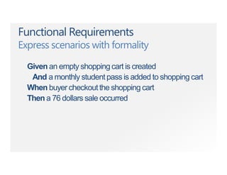 Functional Requirements
Express scenarios with formality
Given an empty shoppingcart is created
And a monthly studentpass is added to shopping cart
When buyer checkoutthe shopping cart
Then a 76 dollars sale occurred
 