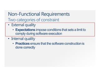 Non-Functional Requirements
Two categories of constraint
• External quality
• Expectations imposeconditionsthat setsa limit to
comply during softwareexecution
• Internal quality
• Practicesensurethat the softwareconstructionis
done correctly
 