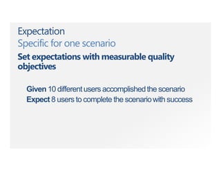 Expectation
Specific for one scenario
Set expectations with measurable quality
objectives
Given 10 differentusers accomplishedthe scenario
Expect 8 users to complete the scenariowith success
 