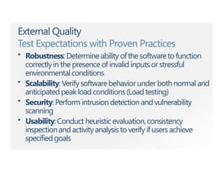 External Quality
Test Expectations with Proven Practices
• Robustness: Determine ability ofthe softwareto function
correctlyin the presence of invalid inputs or stressful
environmentalconditions
• Scalability: Verifysoftwarebehavior under both normal and
anticipatedpeakloadconditions(Loadtesting)
• Security: Perform intrusion detection and vulnerability
scanning
• Usability:Conduct heuristicevaluation,consistency
inspectionand activity analysis to verify if users achieve
specifiedgoals
 